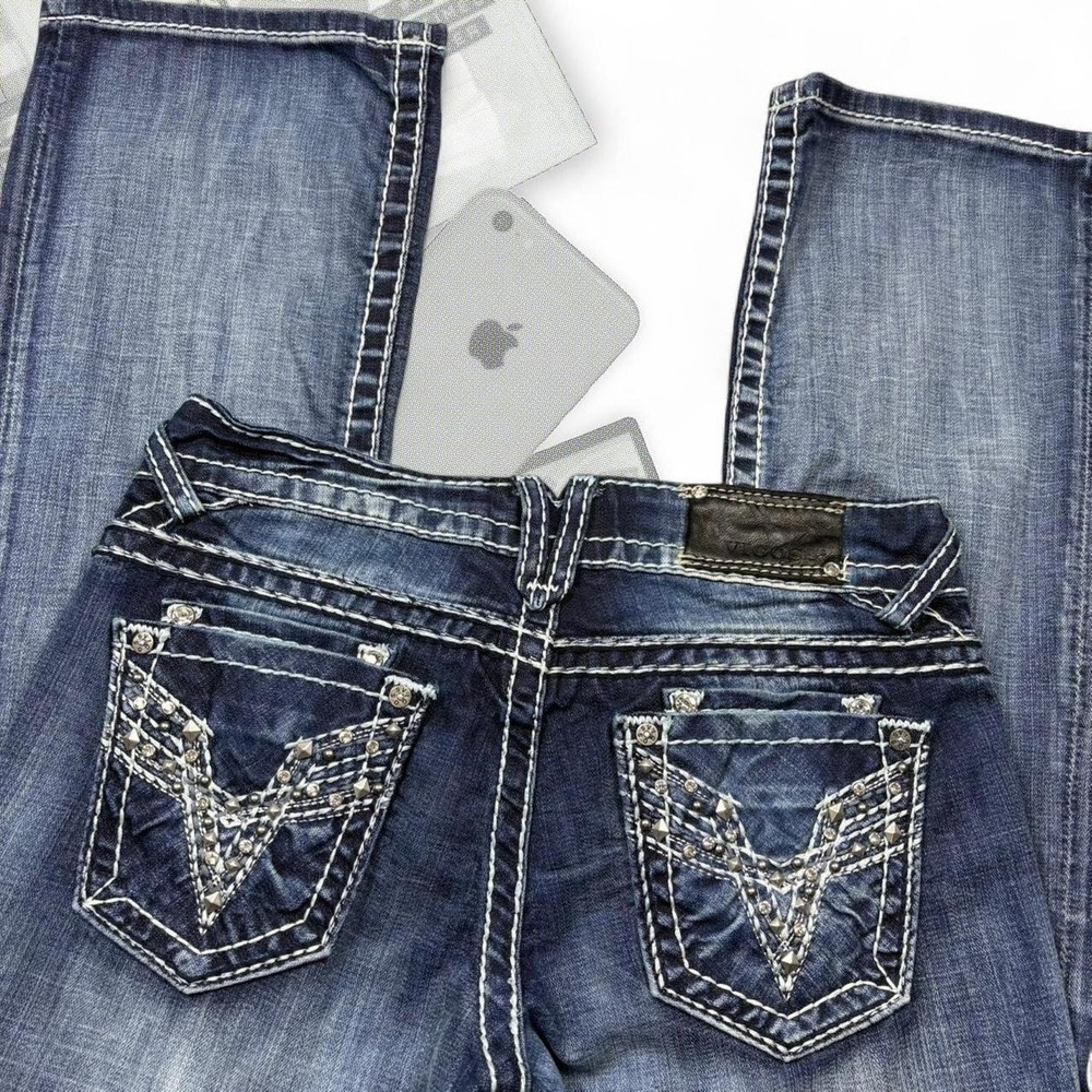 Y2k Vigoss Dark Blue Light Wash Low Rise Bootcut Flared Bedazzled Gemstone V Cut